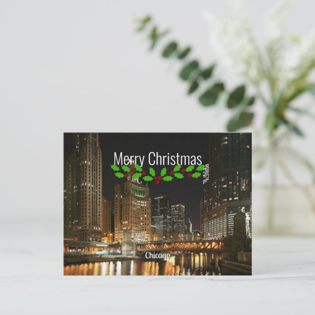 Chicago cityscape, Merry Christmas, Postcard (Standing Front)