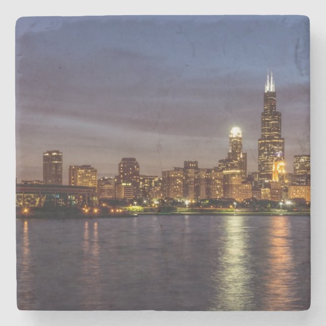 Chicago Cityscape Night Stone Coaster (Front)