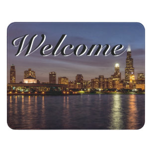 Chicago Cityscape Night Welcome Door Sign