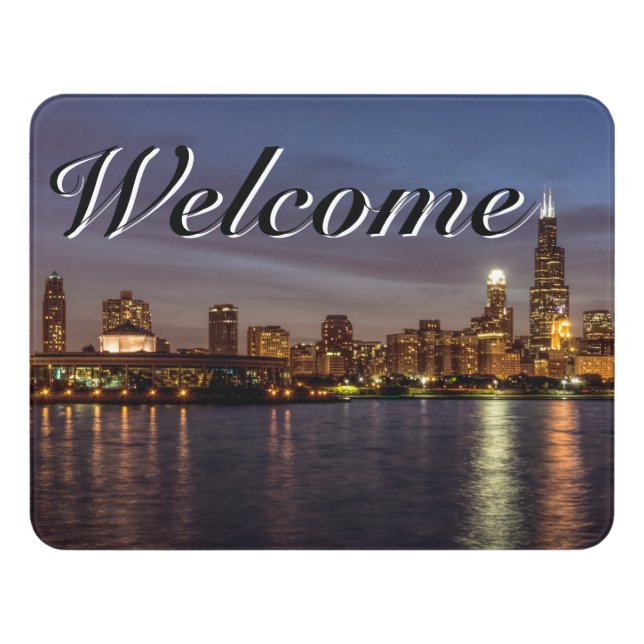 Chicago Cityscape Night Welcome Door Sign (Contemporary Front)