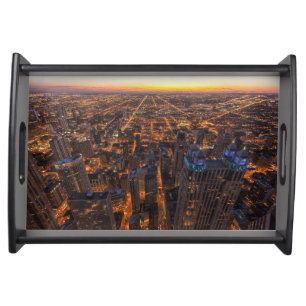 Chicago downtown at sunset serving tray