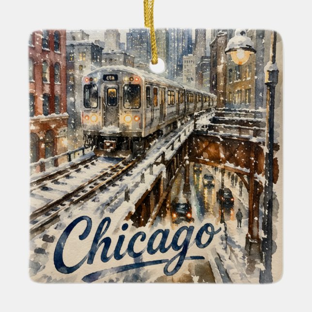 Chicago El Train in the Winter Snow Ceramic Ornament (Front)