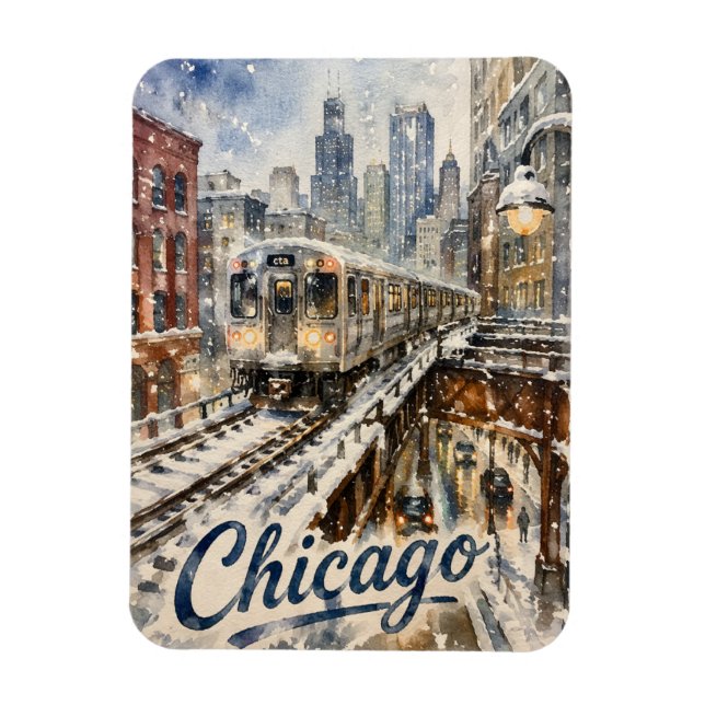 Chicago El Train in the Winter Snow Magnet (Vertical)