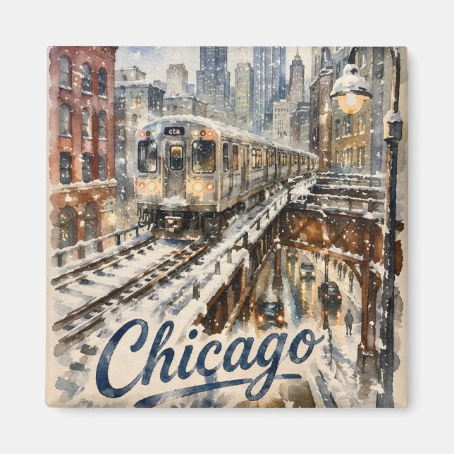 Chicago El Train in the Winter Snow Magnet (Front)