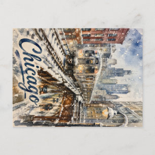 Chicago El Train in the Winter Snow Postcard