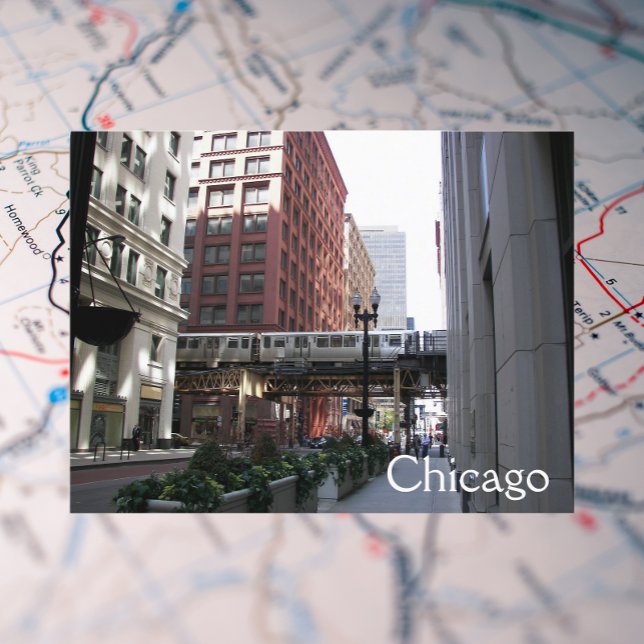 Chicago Elevated Loop Train Travel Photo Postcard (In Situ Map)