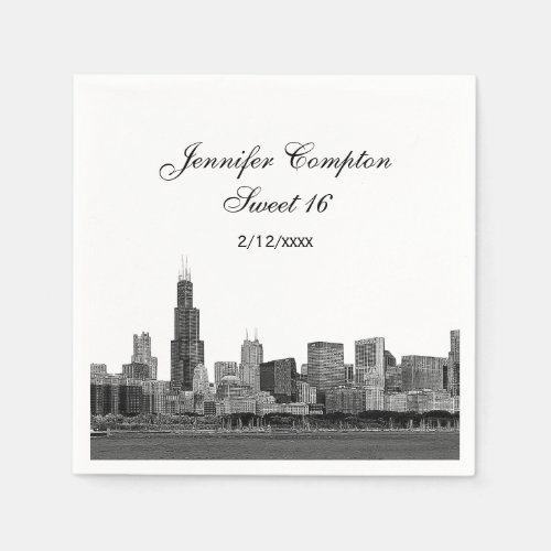 Chicago Etched Look Skyline Sweet 16 Paper Napkins
