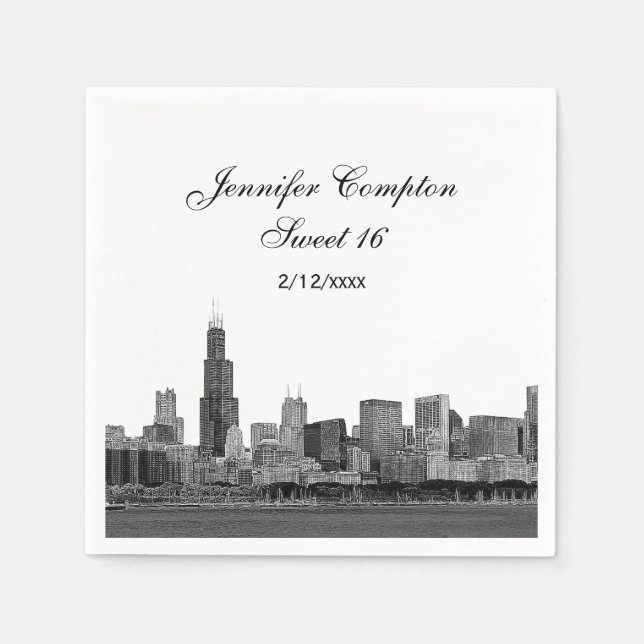 Chicago Etched Look Skyline Sweet 16 Paper Napkins (Front)