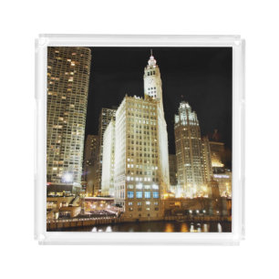 Chicago famous landmark at night acrylic tray