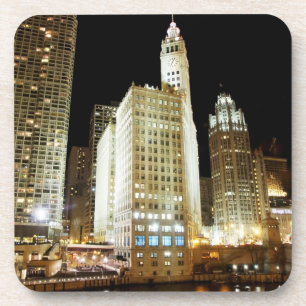 Chicago famous landmark at night beverage coaster