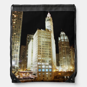 Chicago famous landmark at night drawstring bag