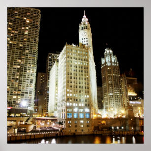 Chicago famous landmark at night poster