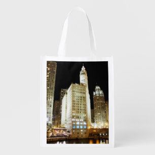 Chicago famous landmark at night reusable grocery bag