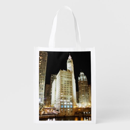 Chicago famous landmark at night reusable grocery bag