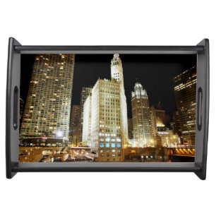 Chicago famous landmark at night serving tray