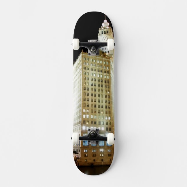 Chicago famous landmark at night skateboard deck (Front)