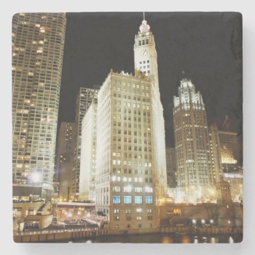 Chicago famous landmark at night stone coaster