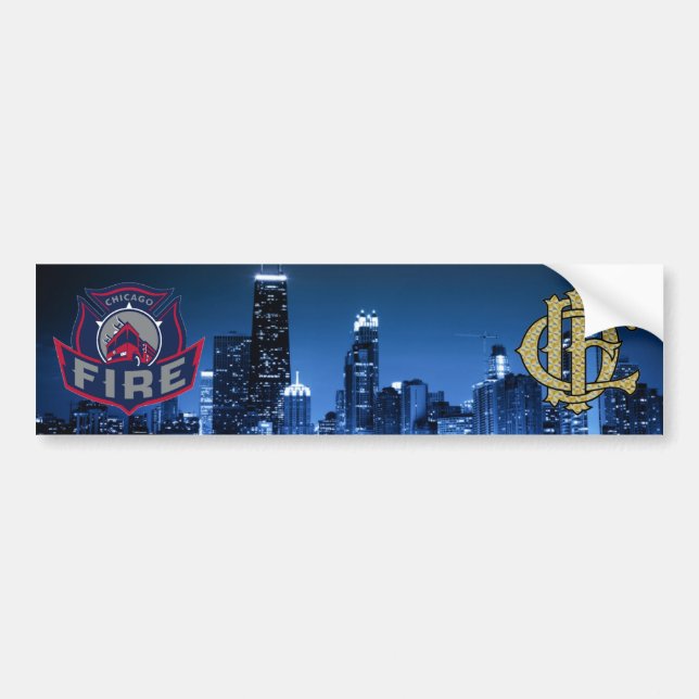 Chicago Fire With Skyline Bumper Sticker (Front)