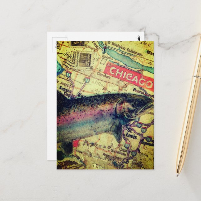 Chicago Fish Map Mixed Media Collage Postcard (Front/Back In Situ)