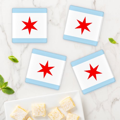 Chicago Flag 4 Red 6_Pointed Stars w Blue Stripes Coaster Set