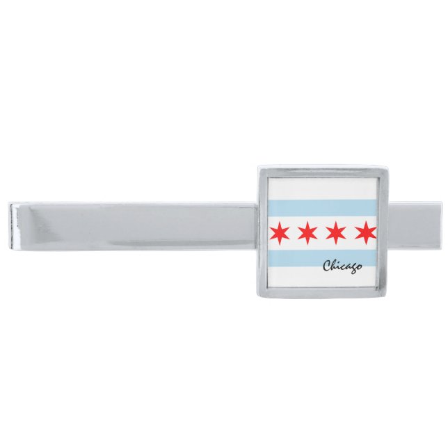 Chicago Flag, City & Illinois State USA / sports Silver Finish Tie Bar (Front)