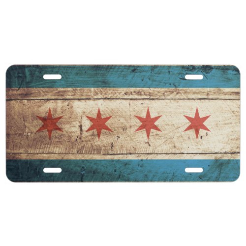 Chicago Flag on Old Wood Grain 1 License Plate