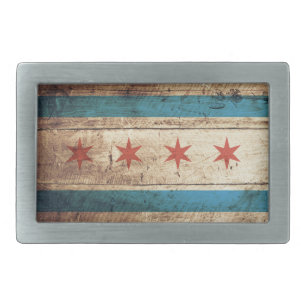 Chicago Flag on Old Wood Grain Belt Buckle