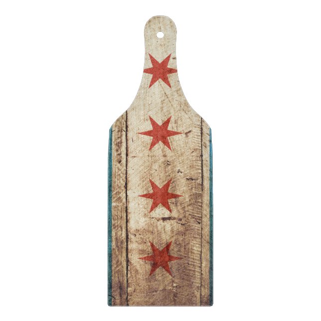 Chicago Flag on Old Wood Grain Cutting Board (Front)