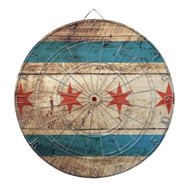 Chicago Flag on Old Wood Grain Dart Board (Front)