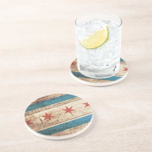 Chicago Flag on Old Wood Grain Drink Coaster