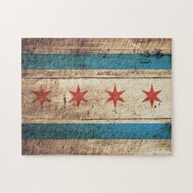 Chicago Flag on Old Wood Grain Jigsaw Puzzle (Horizontal)