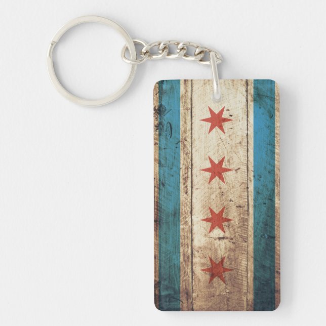 Chicago Flag on Old Wood Grain Keychain (Front)