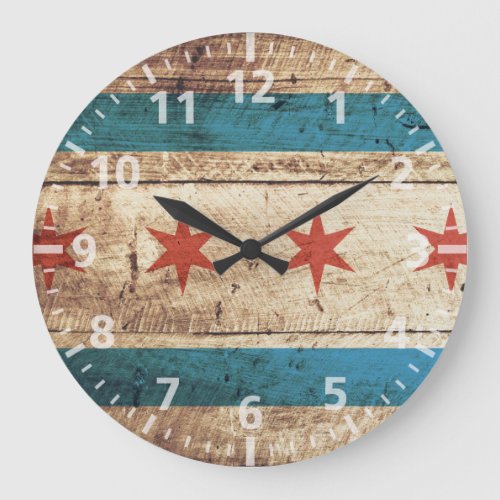 Chicago Flag on Old Wood Grain Large Clock