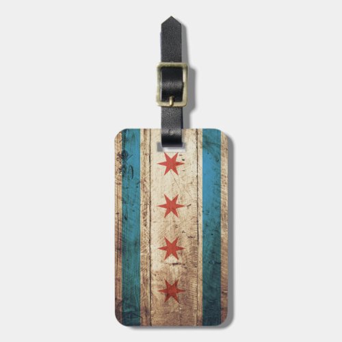 Chicago Flag on Old Wood Grain Luggage Tag