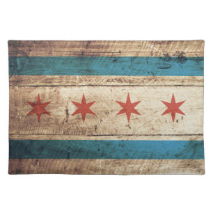 Chicago Flag on Old Wood Grain Placemat