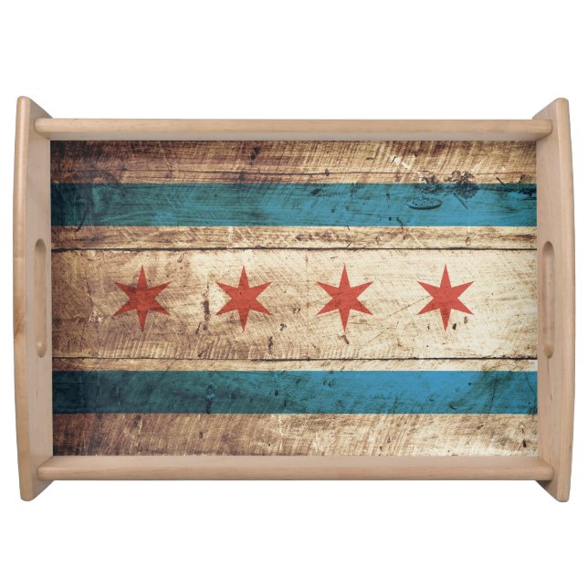 Chicago Flag on Old Wood Grain Serving Tray (Front)