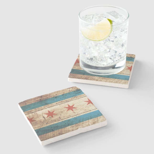 Chicago Flag on Old Wood Grain Stone Coaster (Side)