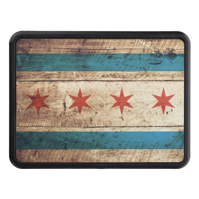 Chicago Flag on Old Wood Grain Trailer Hitch Cover (Front)