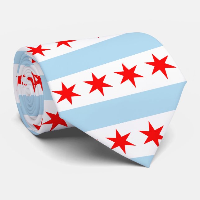 Chicago Flag Stripes and Stars Pattern Neck Tie (Rolled)