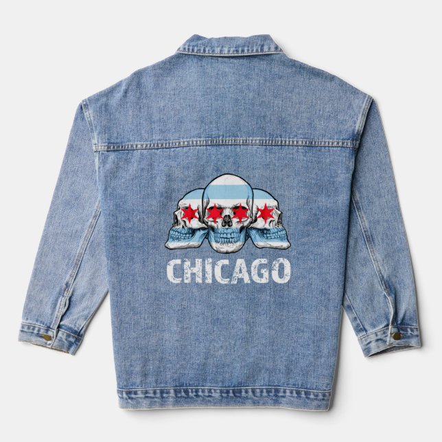 Chicago  for Men Chicago Flag Artwork with Skulls  Denim Jacket (Back)