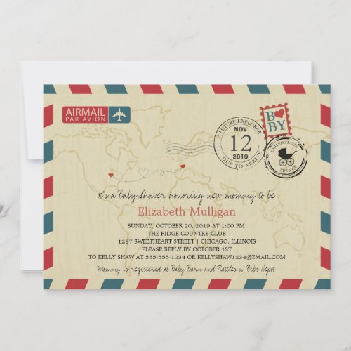 Chicago  France Airmail  Baby Shower Invitation