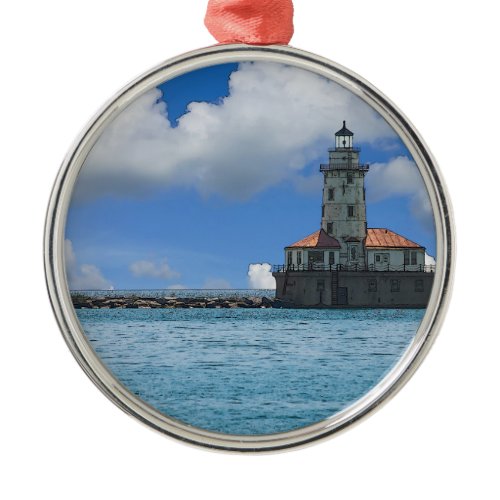 Chicago Harbor Lighthouse Painterly Metal Ornament