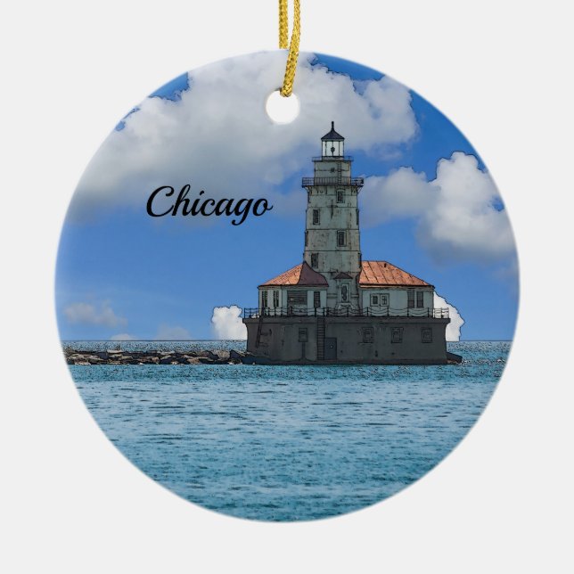 Chicago Harbor Lighthouse Painterly Ornament (Front)