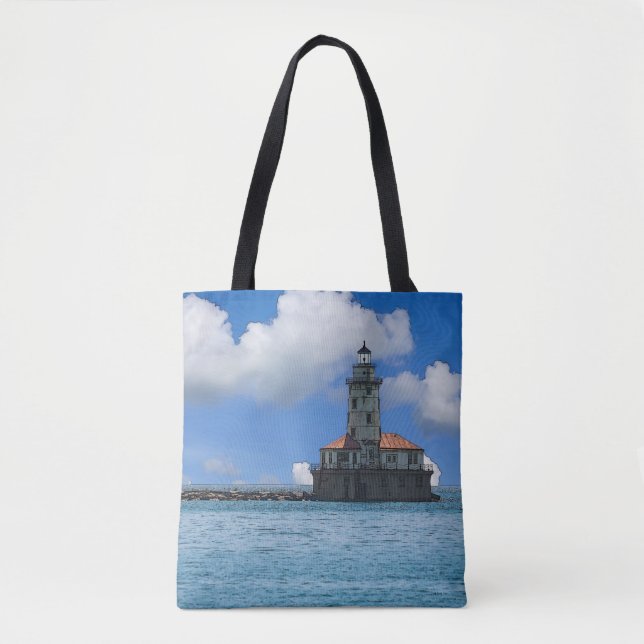 Chicago Harbor Lighthouse Painterly Tote Bag (Front)