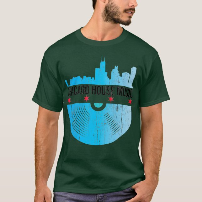 Chicago House Music - Skyline Vinyl Record DJ T-Shirt (Front)