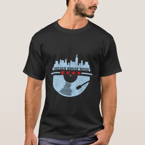 Chicago House Music Vinyl Dj Raver Flag Skyline T_Shirt
