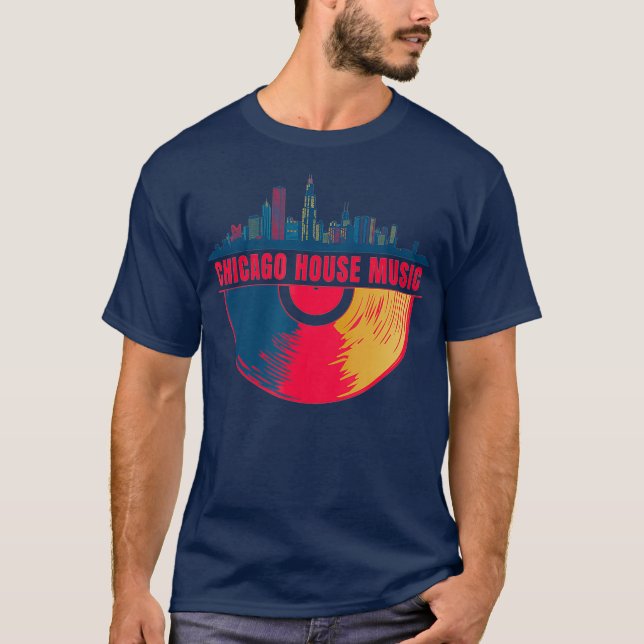 Chicago House Music Vinyl Dj Raver Flag Skyline T-Shirt (Front)