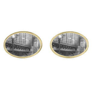 Chicago, IL - DuSable Bridge built in 1920  - BW Gold Cufflinks