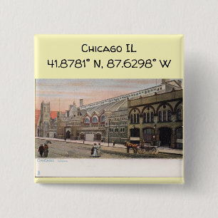 Chicago IL Map Coordinates Vintage Style Button