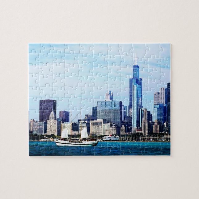 Chicago IL - Schooner Against Chicago Skyline Jigsaw Puzzle (Horizontal)